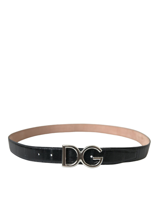 Black Leather Silver Logo Metal Buckle Belt