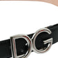 Black Leather Silver Logo Metal Buckle Belt