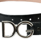 Black Leather Silver Logo Metal Buckle Belt