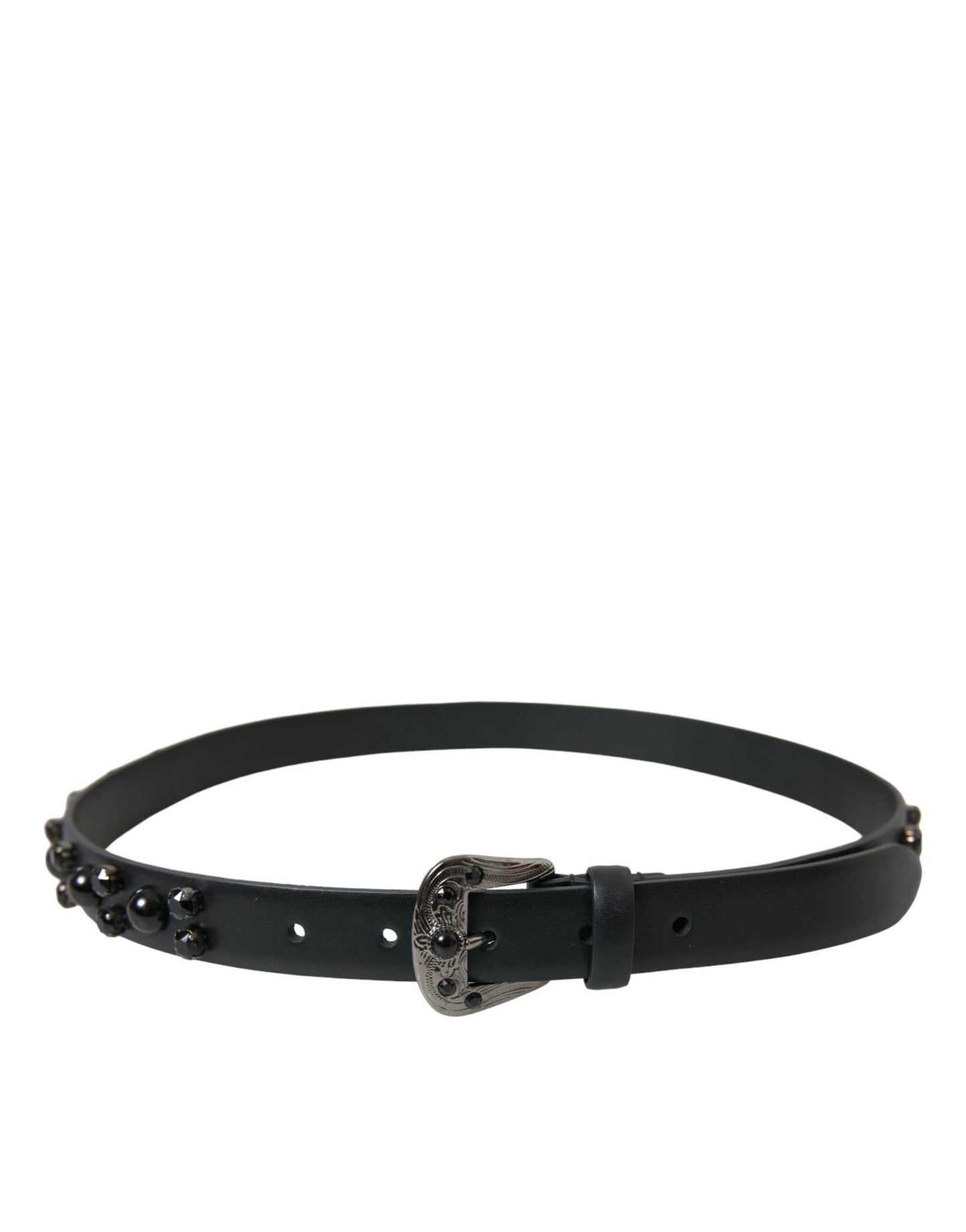 Black Embellished Leather Engraved Buckle Belt