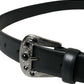 Black Embellished Leather Engraved Buckle Belt