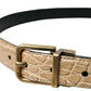 Beige Exotic Leather Gold Metal Buckle Belt