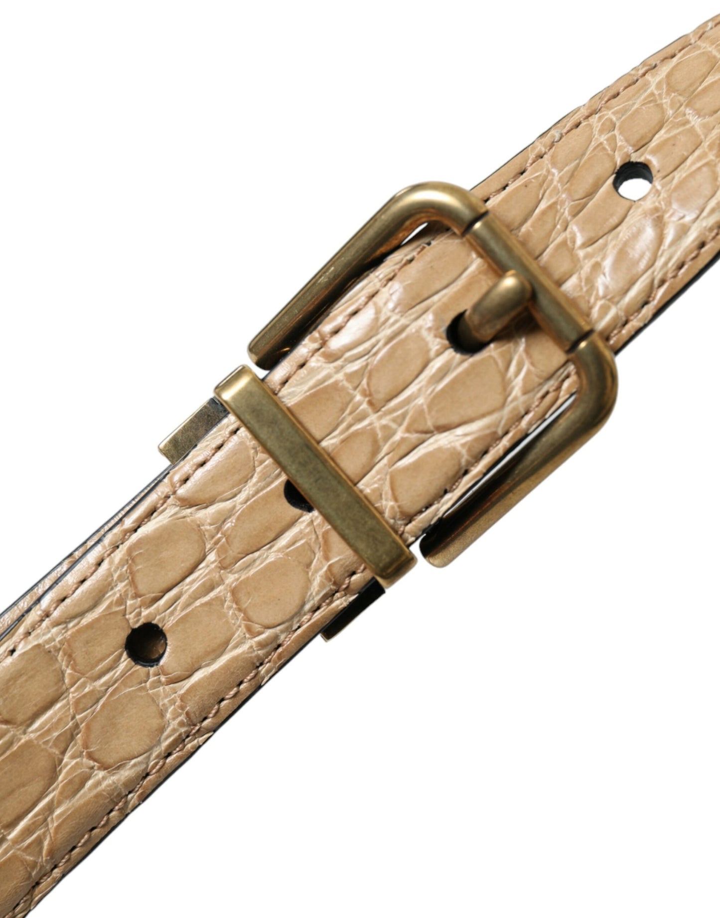 Beige Exotic Leather Gold Metal Buckle Belt