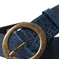 Blue Leather Gold Oval Buckle Wide Belt