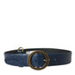 Blue Leather Gold Oval Buckle Wide Belt