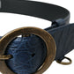 Blue Leather Gold Oval Buckle Wide Belt