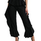 Black Wool Ruffle High Waist Wide Leg Pants