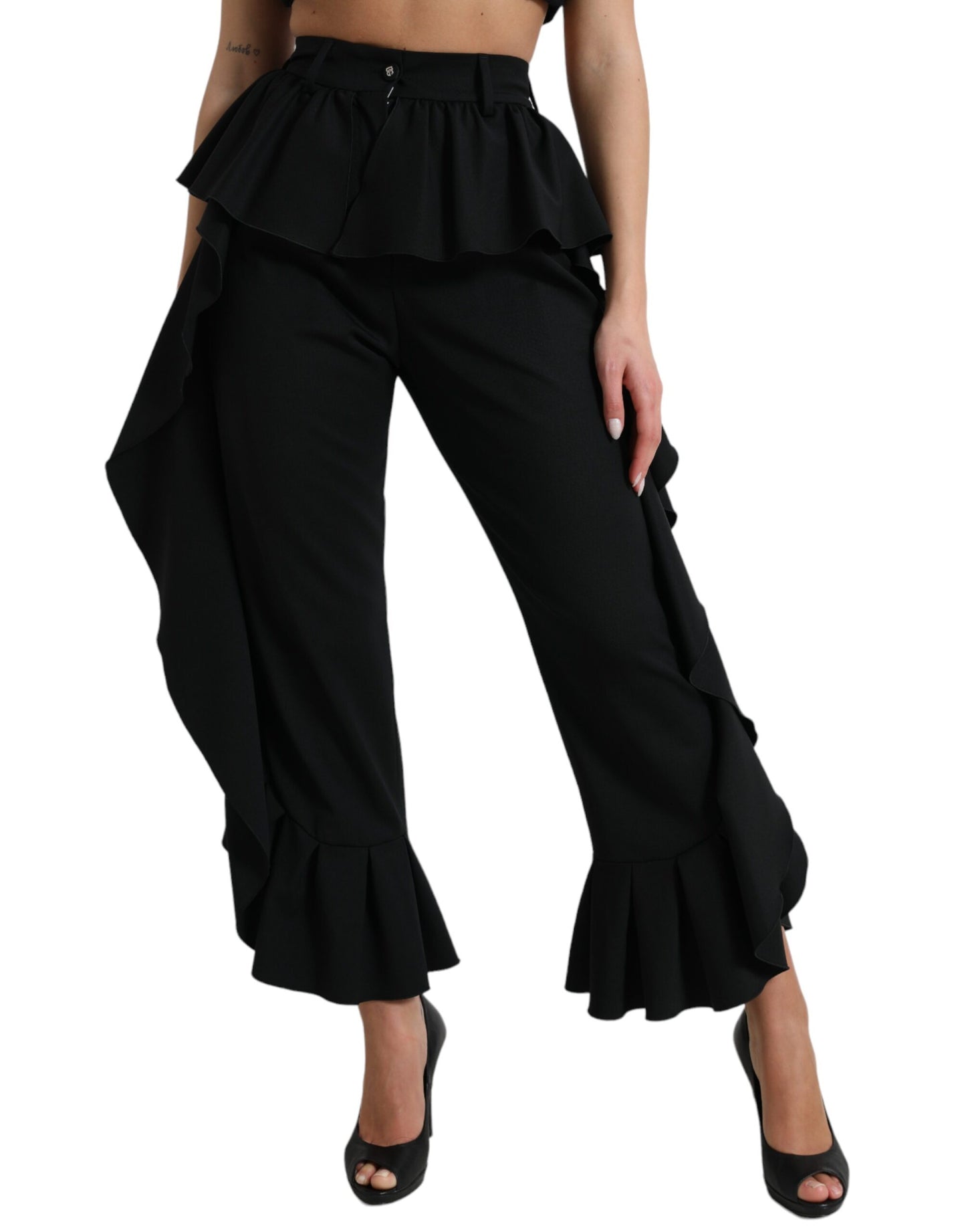 Black Wool Ruffle High Waist Wide Leg Pants