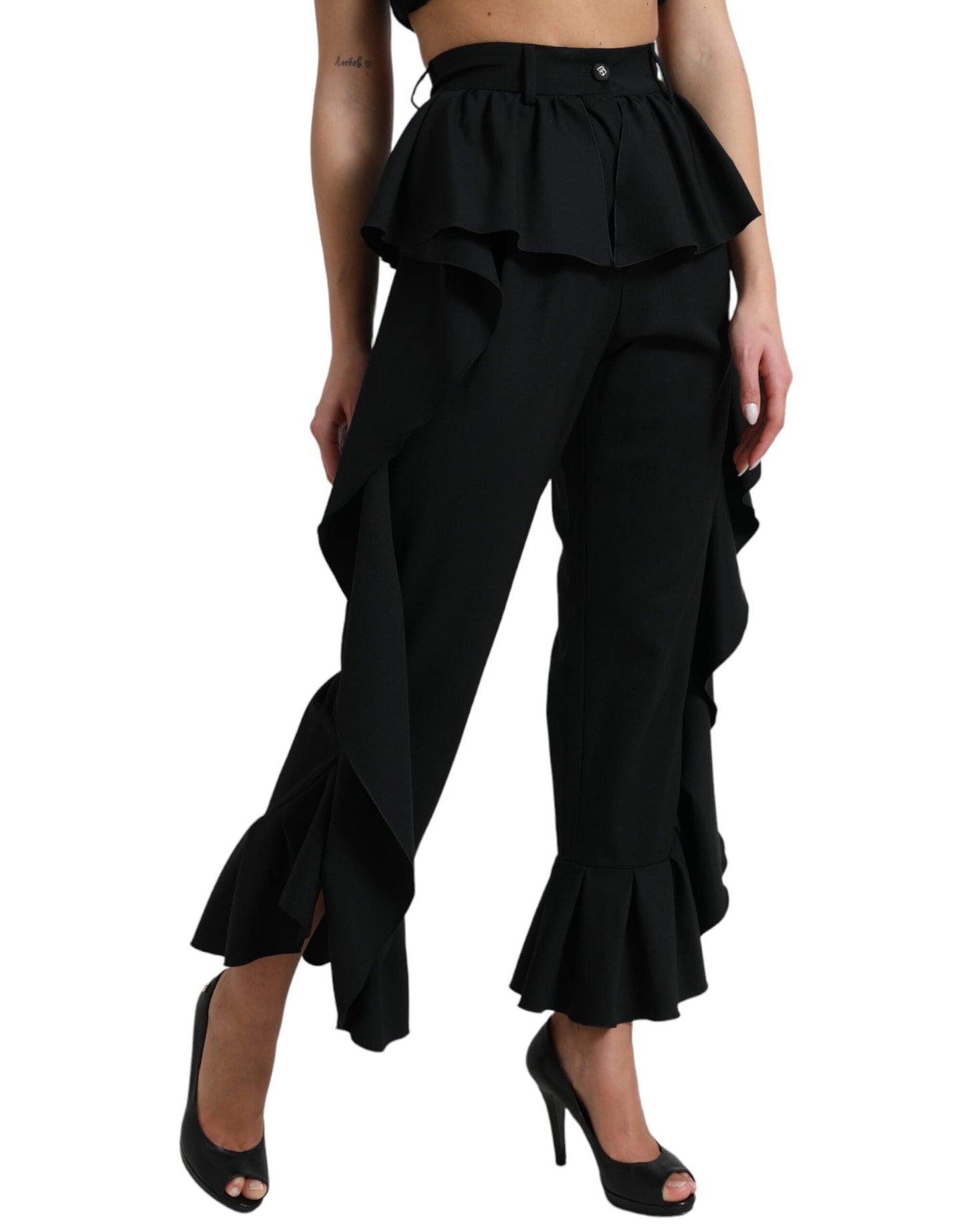 Black Wool Ruffle High Waist Wide Leg Pants