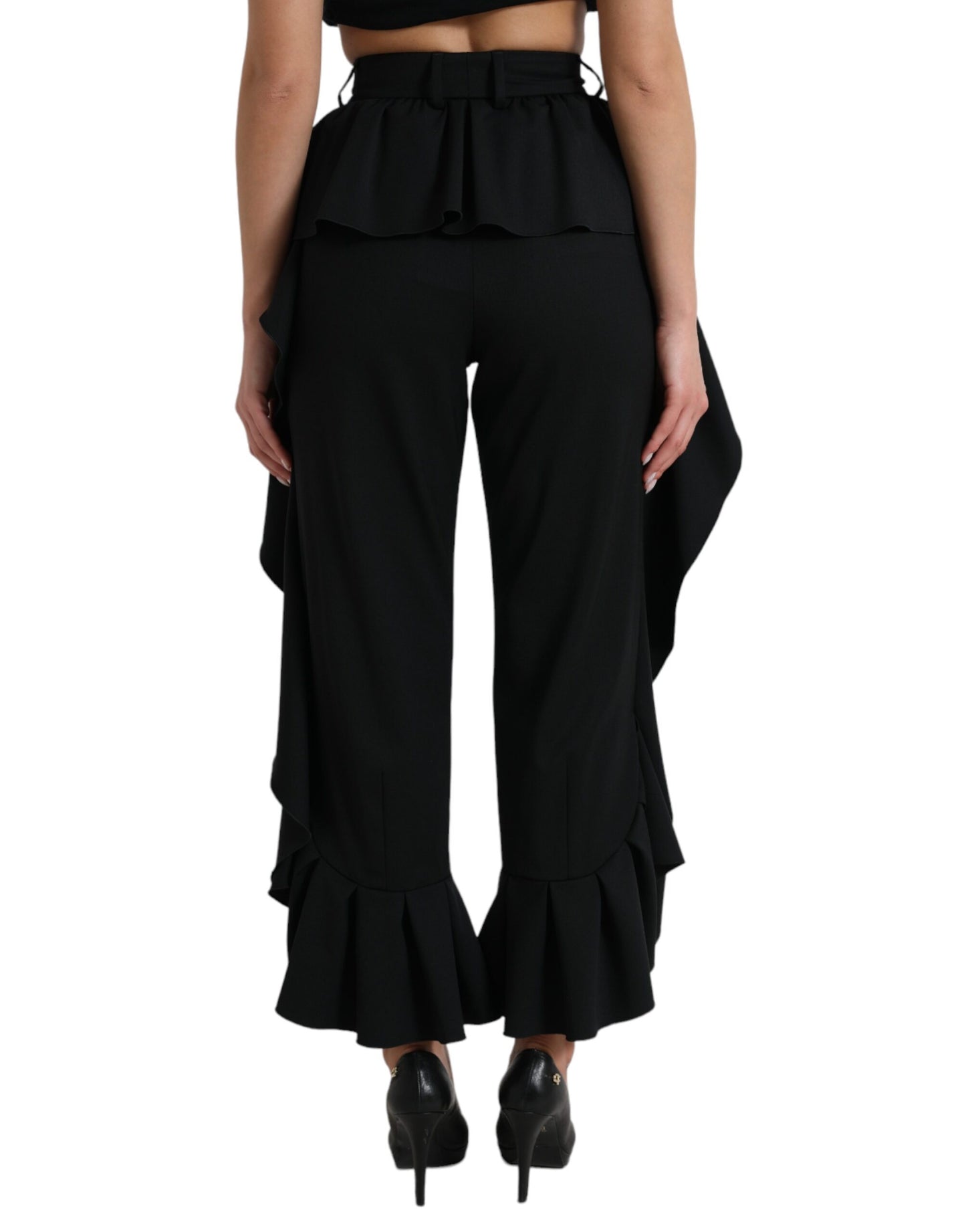 Black Wool Ruffle High Waist Wide Leg Pants