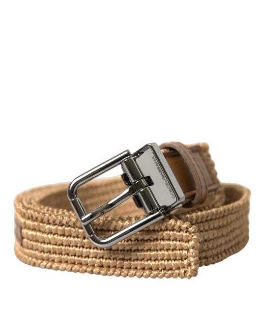 Beige Raffia Braided Silver Metal Buckle Belt