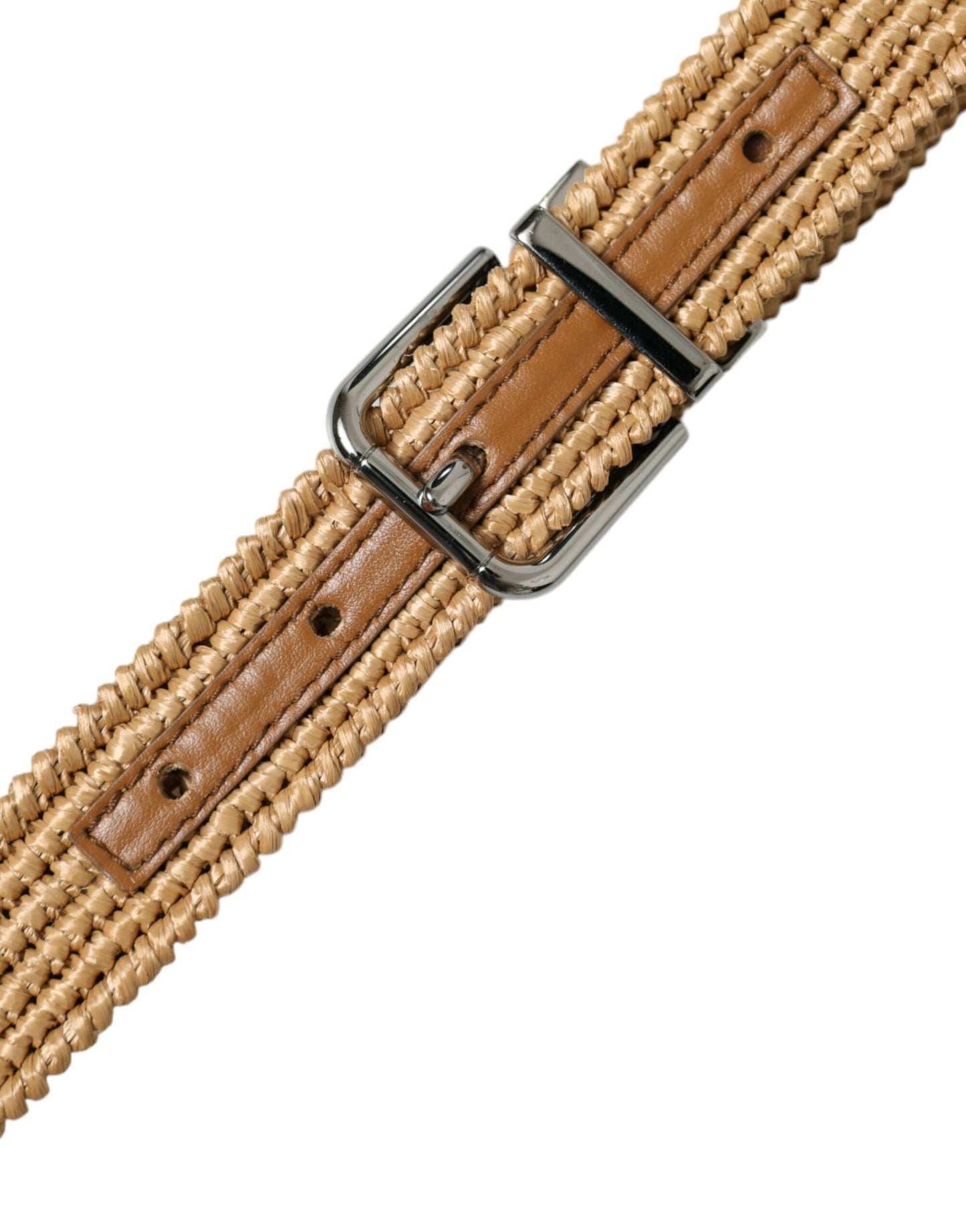 Beige Raffia Braided Silver Metal Buckle Belt