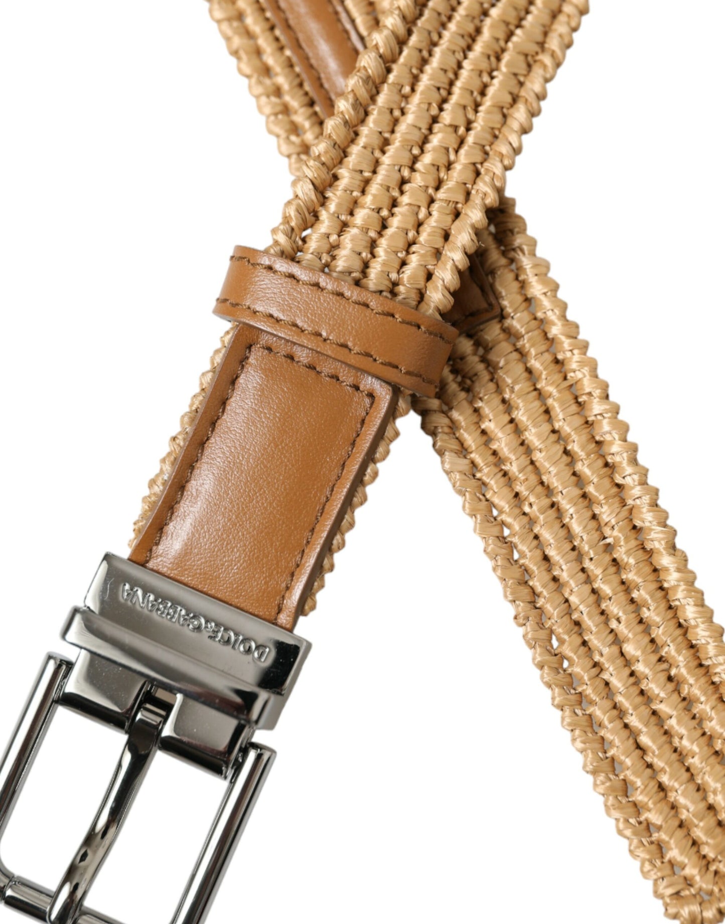 Beige Raffia Braided Silver Metal Buckle Belt