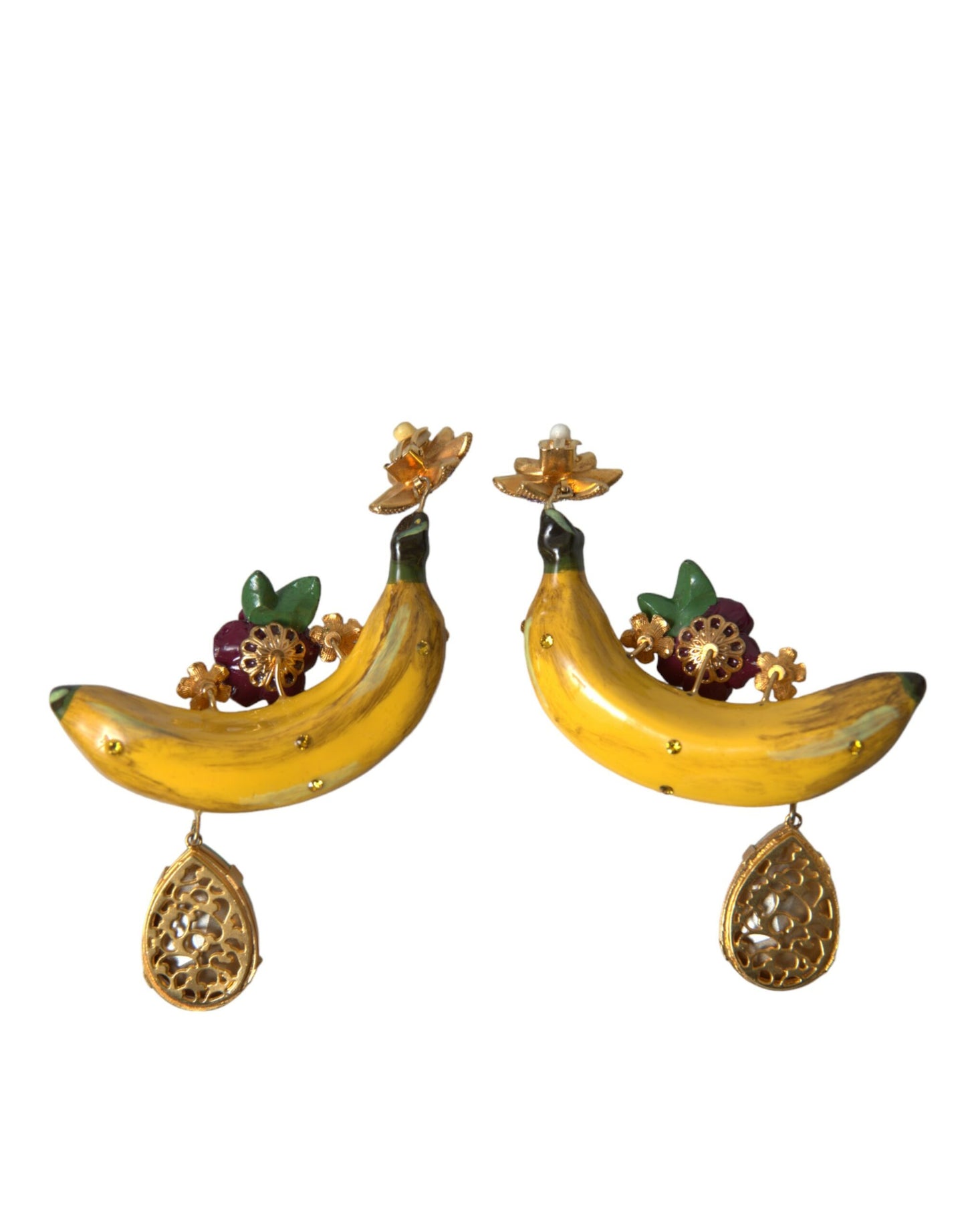 Gold Brass Crystal Banana Clip-on Jewelry Dangling Earrings