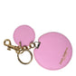 Pink Calf Leather Gold Metal Logo Print Keyring Keychain