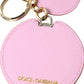 Pink Calf Leather Gold Metal Logo Print Keyring Keychain