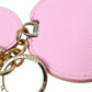 Pink Calf Leather Gold Metal Logo Print Keyring Keychain