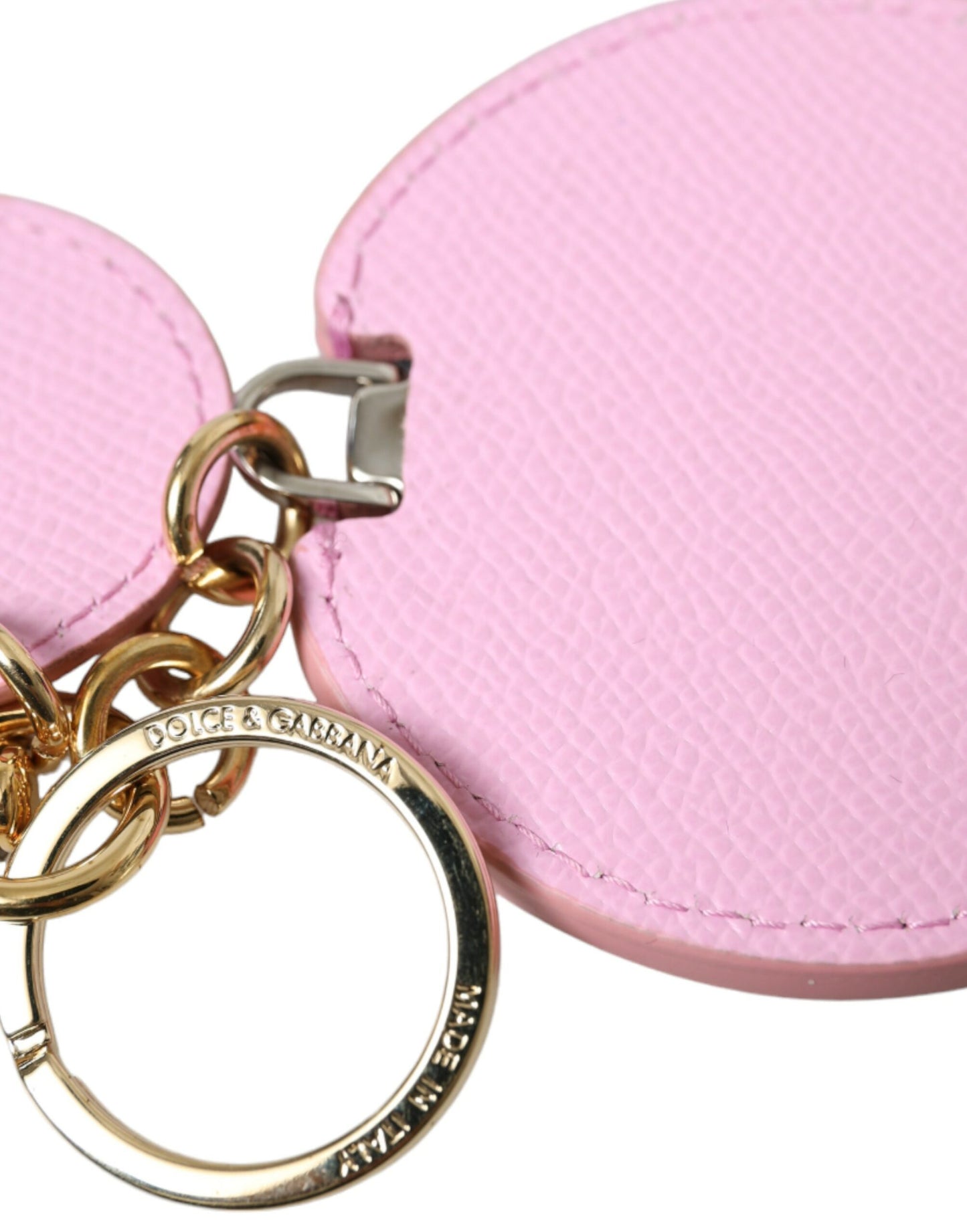 Pink Calf Leather Gold Metal Logo Print Keyring Keychain