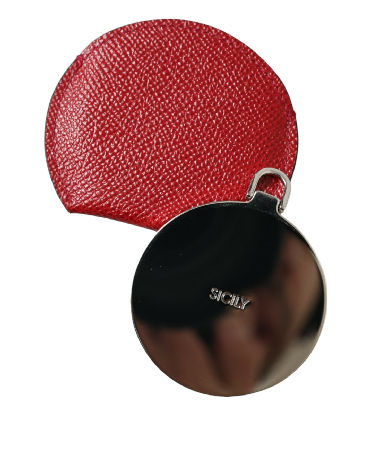 Red Calfskin Leather Round Logo Hand Mirror Holder