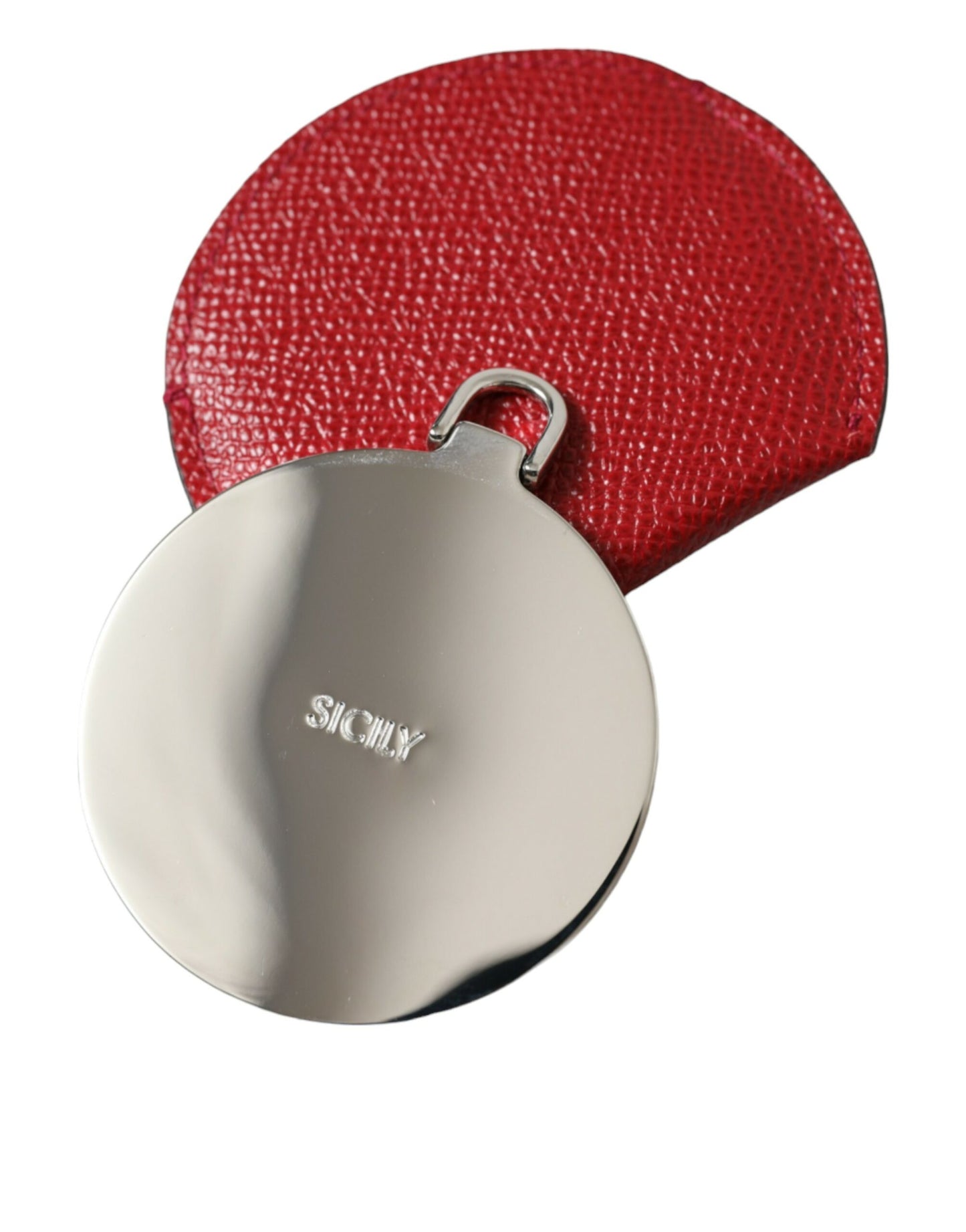 Red Calfskin Leather Round Logo Hand Mirror Holder