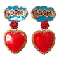 Gold Brass BOOM Cartoon Heart Crystal Clip-On Earrings