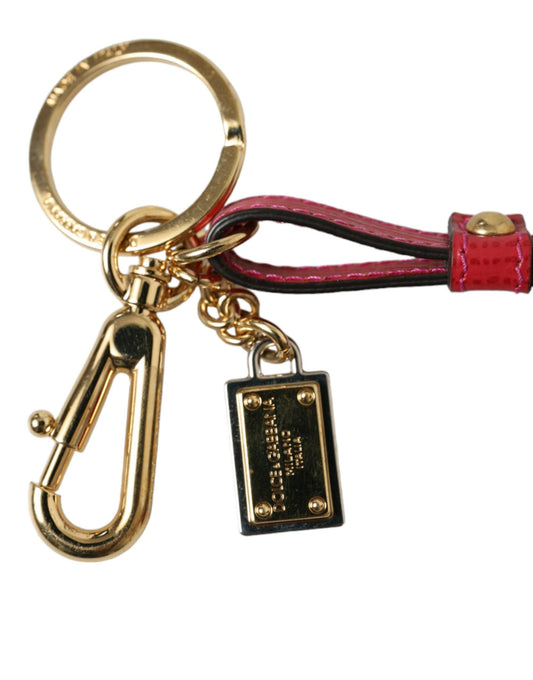 Red Calf Leather Gold Metal Logo Plaque Keyring Keychain