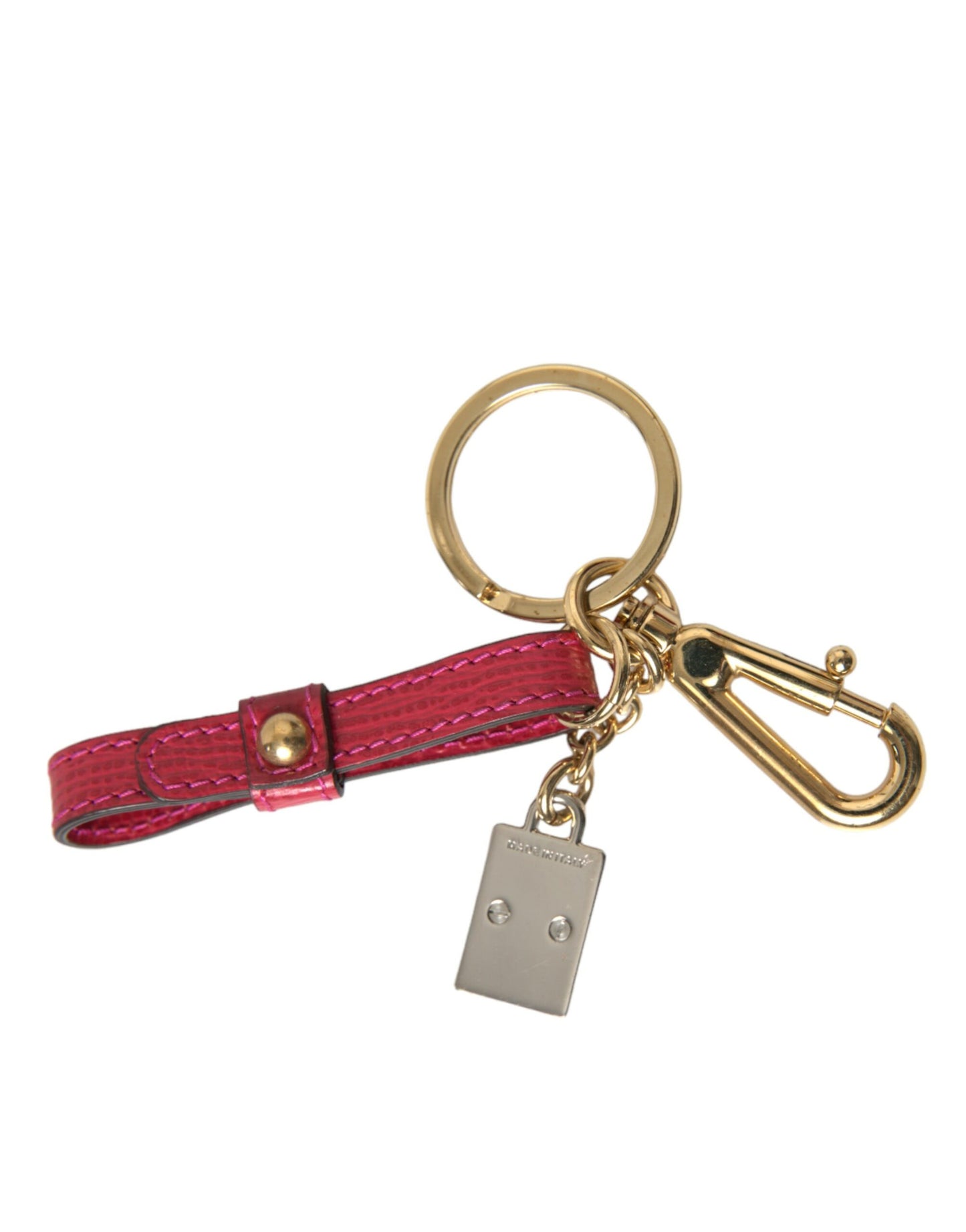 Red Calf Leather Gold Metal Logo Plaque Keyring Keychain