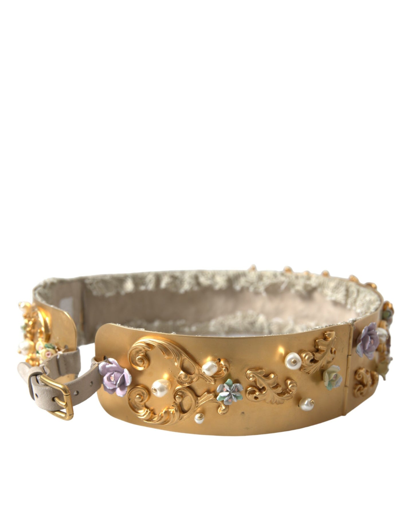 Gold Brass Faux Pearl Floral Embellished Belt