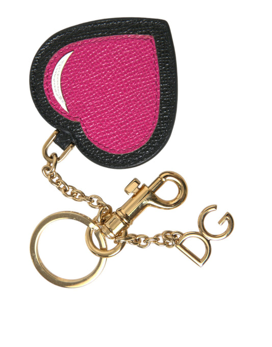 Pink Black Heart Leather Gold Tone Brass Keyring Keychain