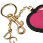 Pink Black Heart Leather Gold Tone Brass Keyring Keychain