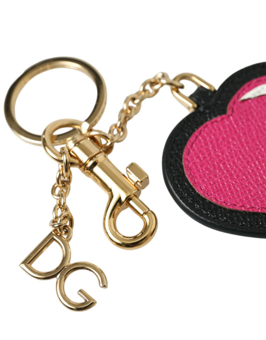 Pink Black Heart Leather Gold Tone Brass Keyring Keychain