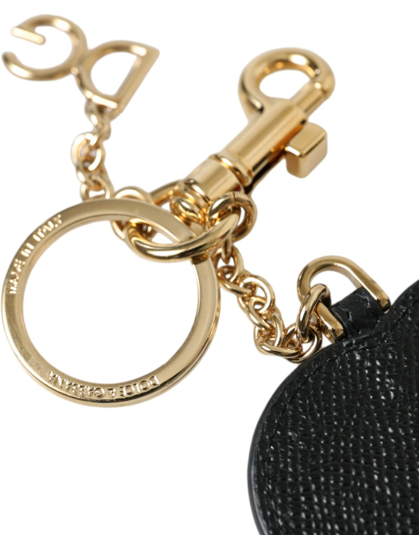 Pink Black Heart Leather Gold Tone Brass Keyring Keychain