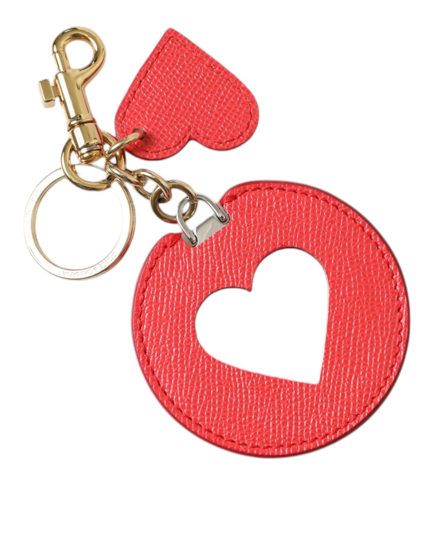 Red Heart Calf Leather Gold Tone Brass Keyring Keychain