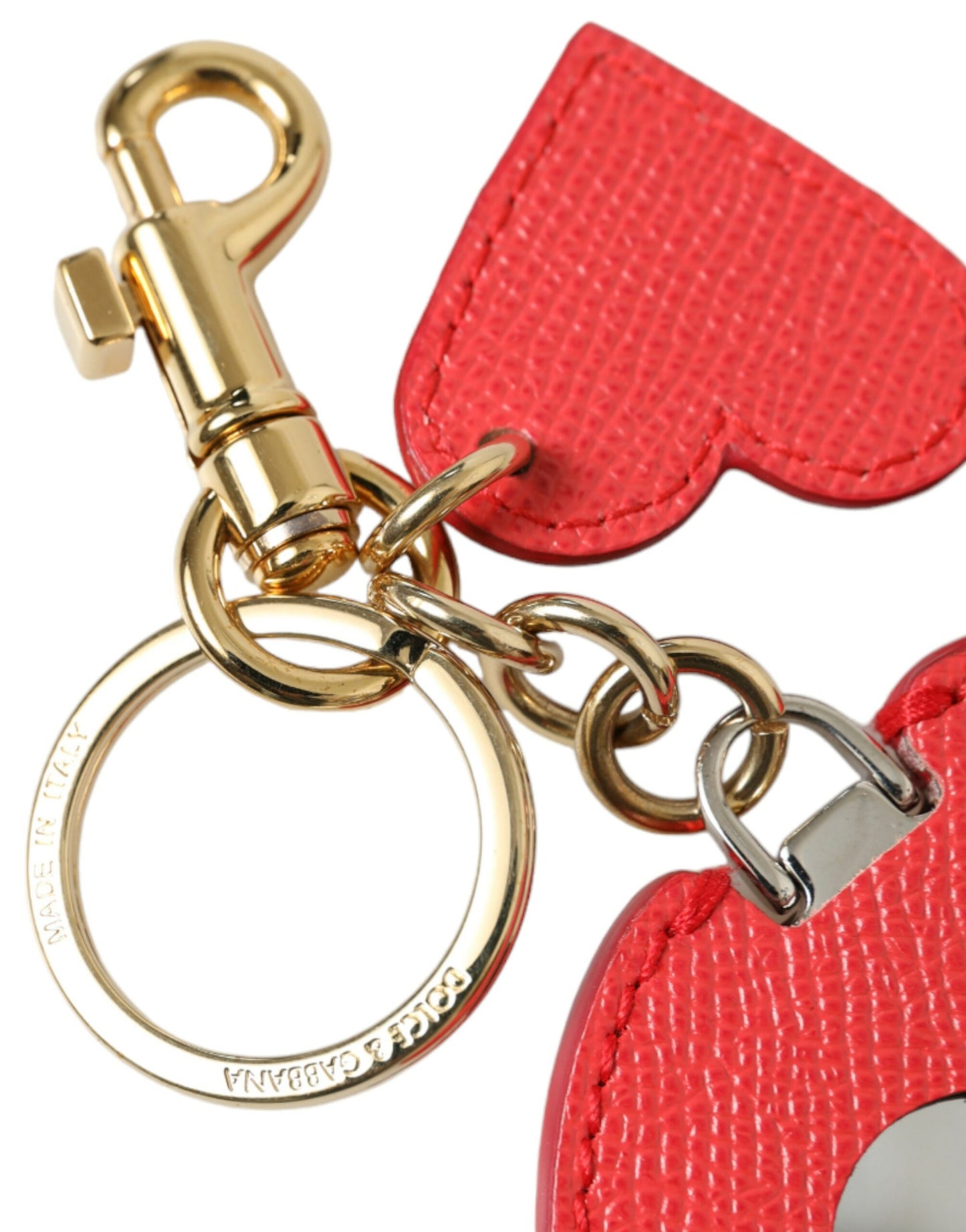 Red Heart Calf Leather Gold Tone Brass Keyring Keychain