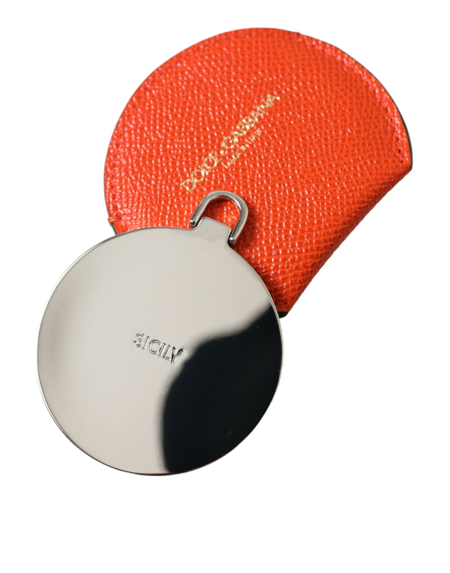 Orange Calfskin Leather Round Logo Hand Mirror Holder