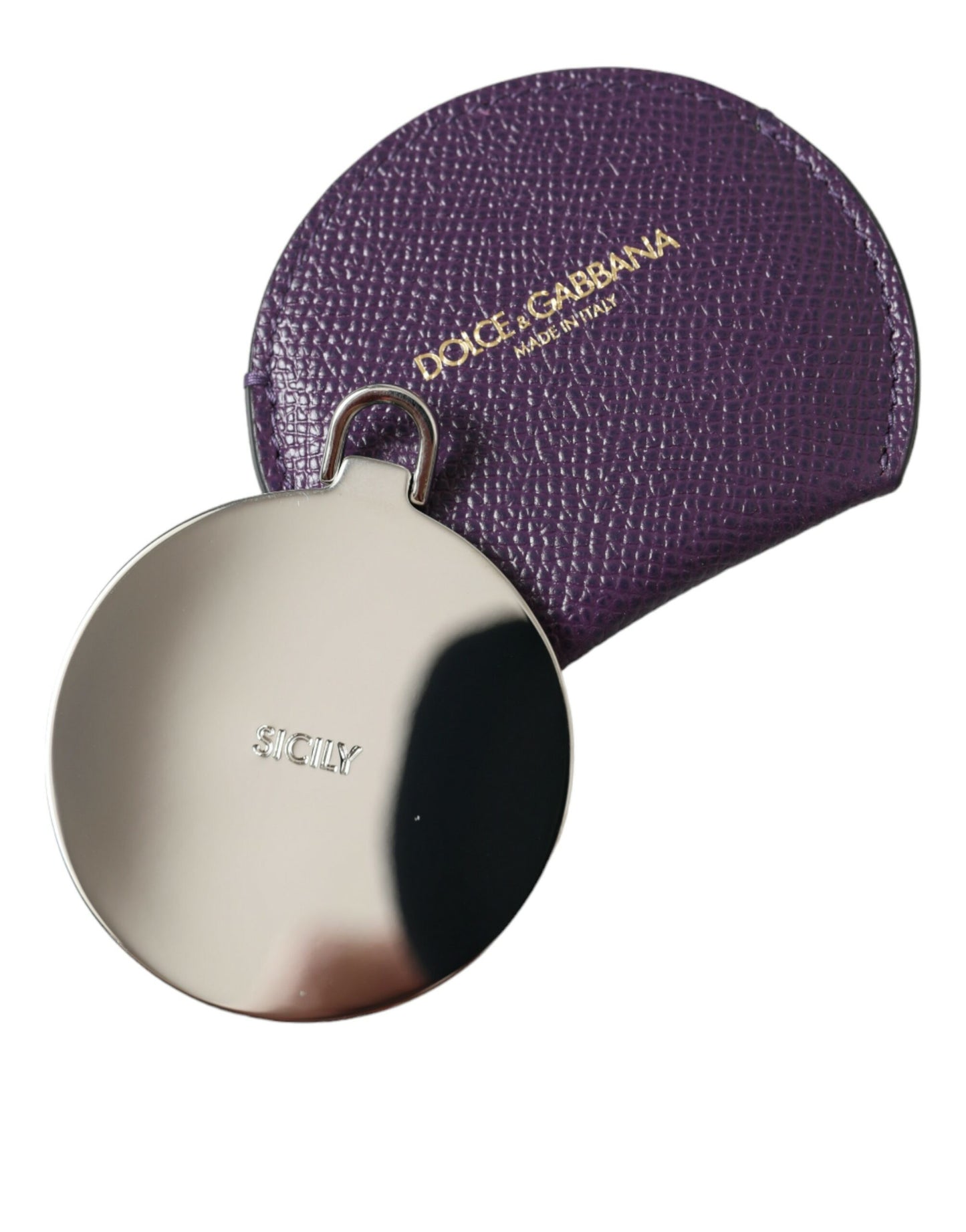 Purple Calfskin Leather Round Logo Hand Mirror Holder