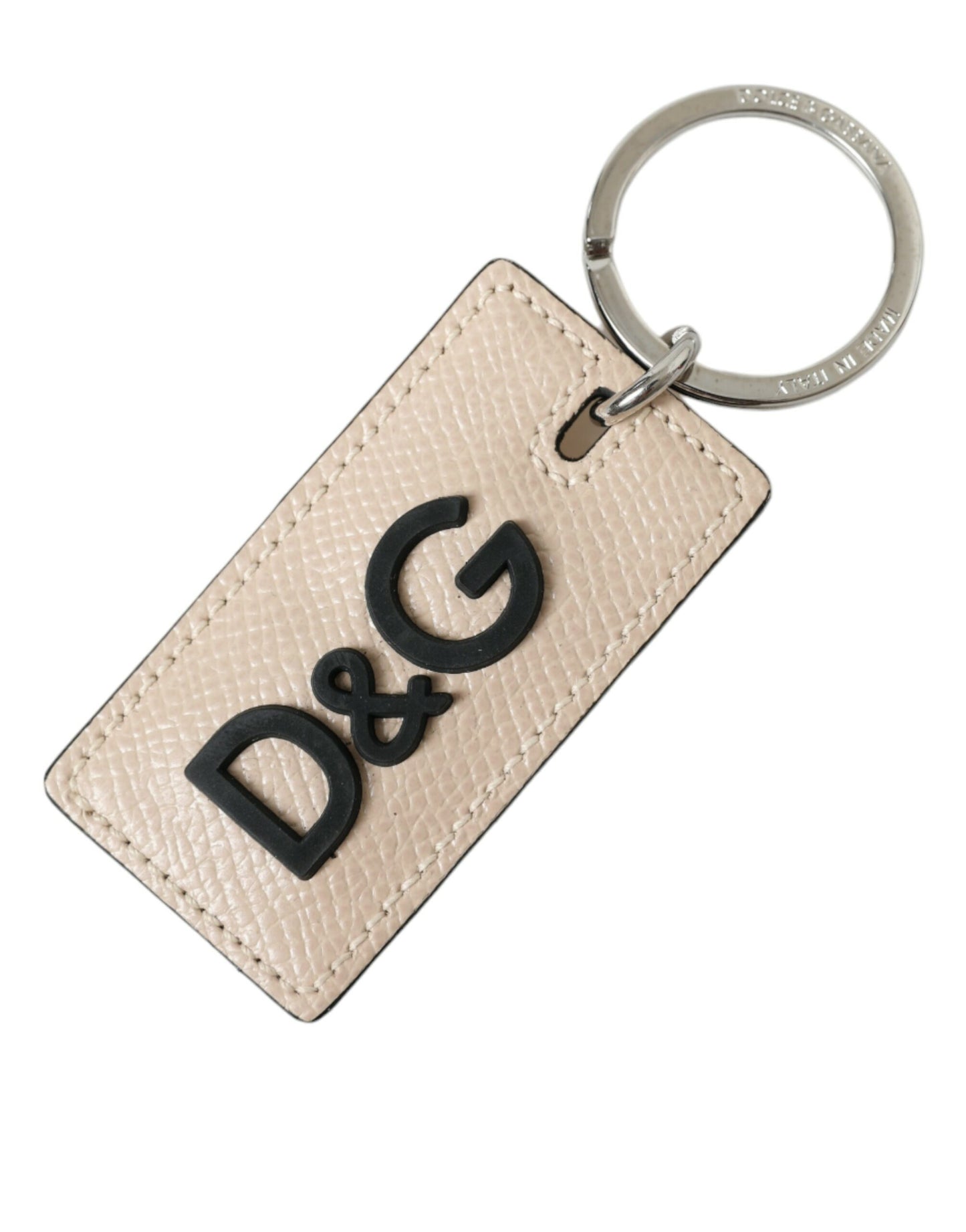 Beige Calf Leather DG Logo Silver Brass Keyring Keychain