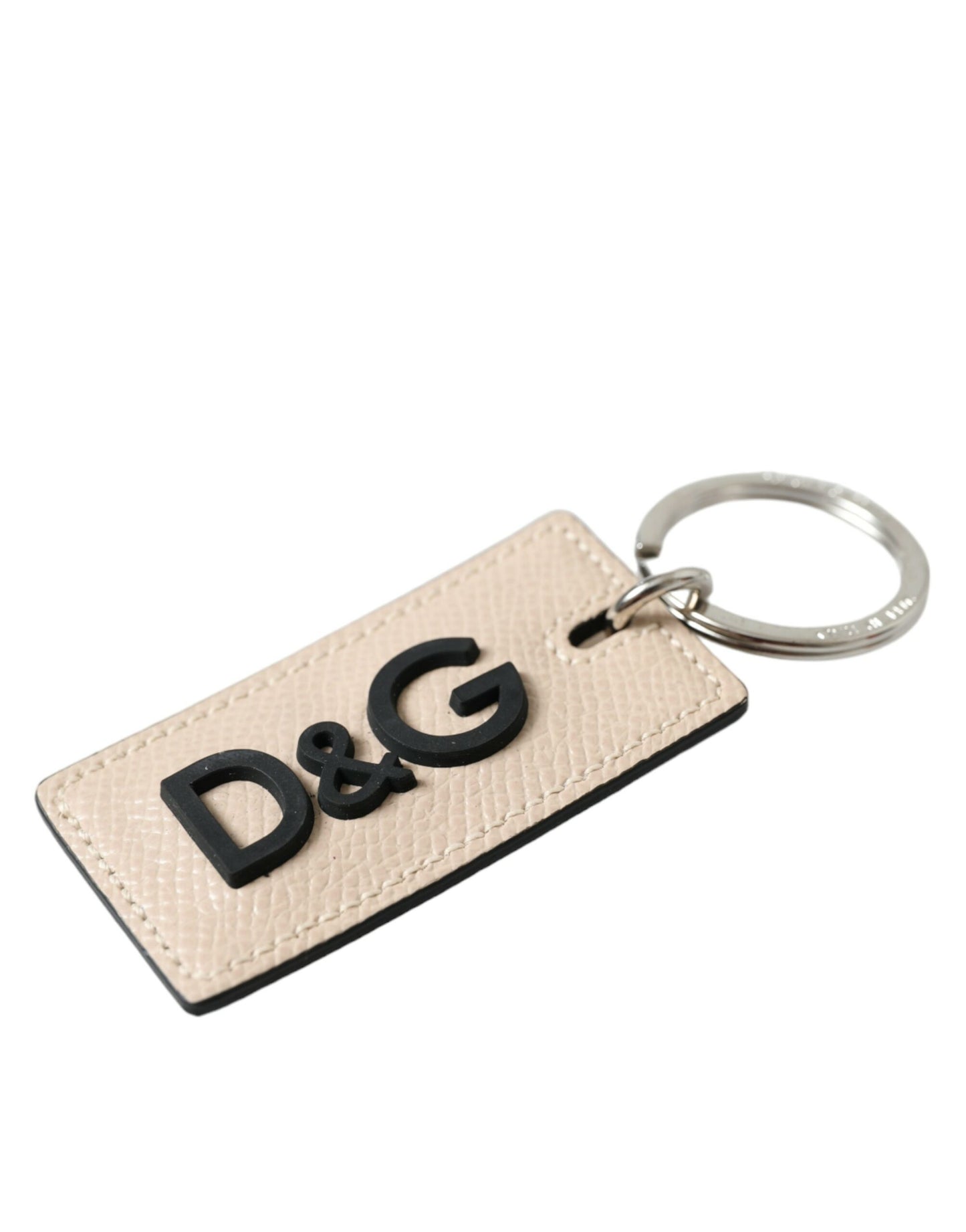 Beige Calf Leather DG Logo Silver Brass Keyring Keychain