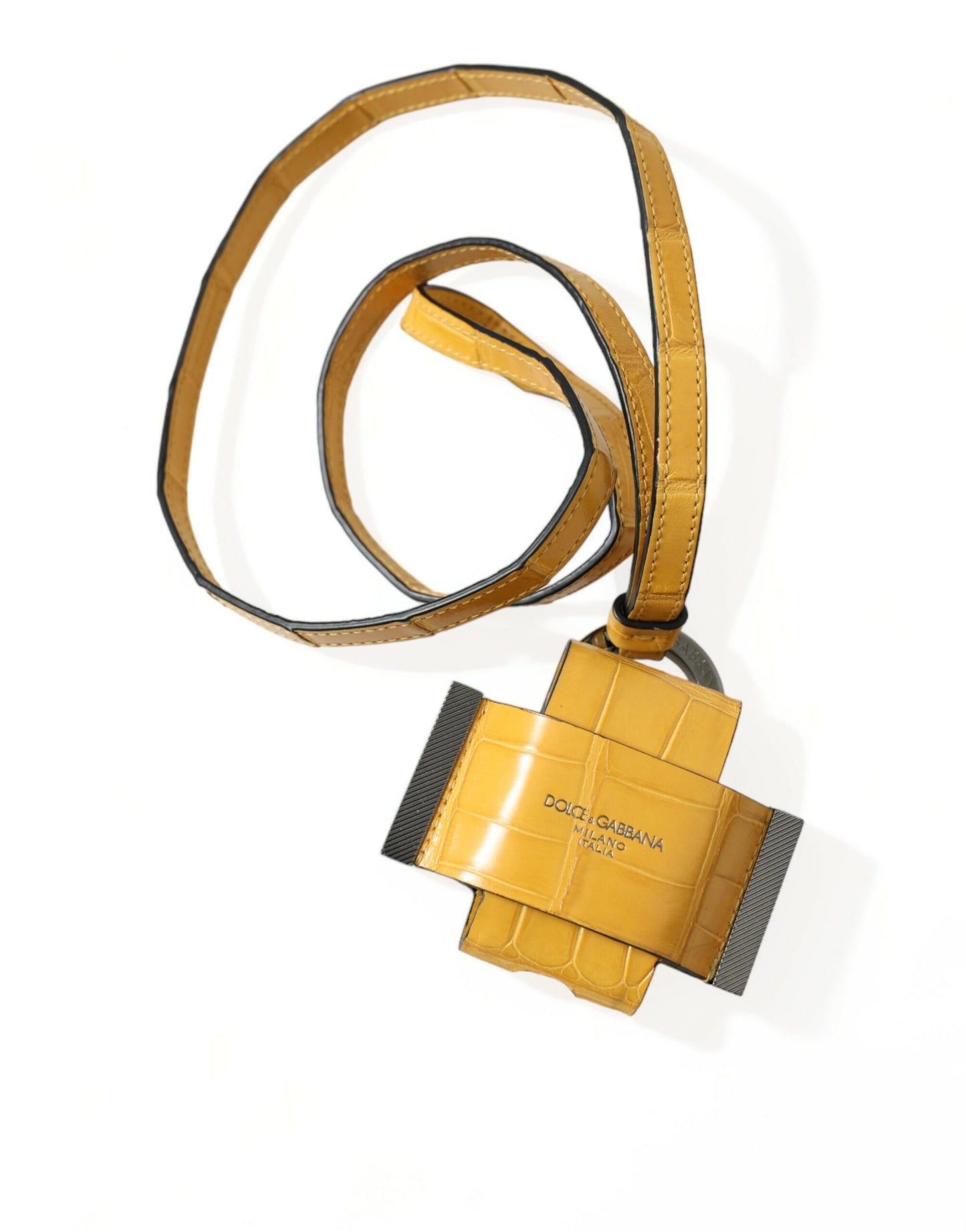 Yellow Crocodile Leather Logo Print Lanyard Keychain