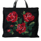 Black Cashmere Rose Embroidery Shopping Tote Bag