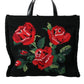 Black Cashmere Rose Embroidery Shopping Tote Bag