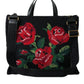 Black Cashmere Rose Embroidery Shopping Tote Bag