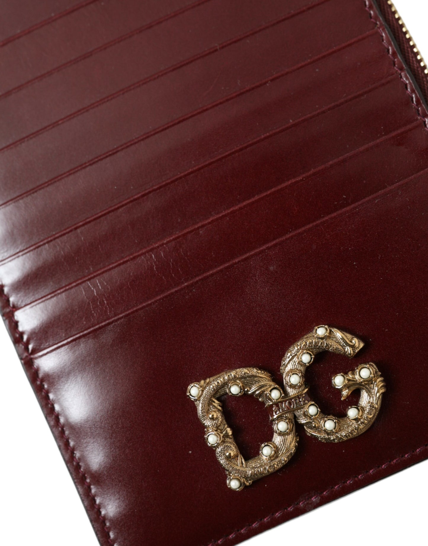 Maroon Leather DG Amore Zip Card Holder Wallet