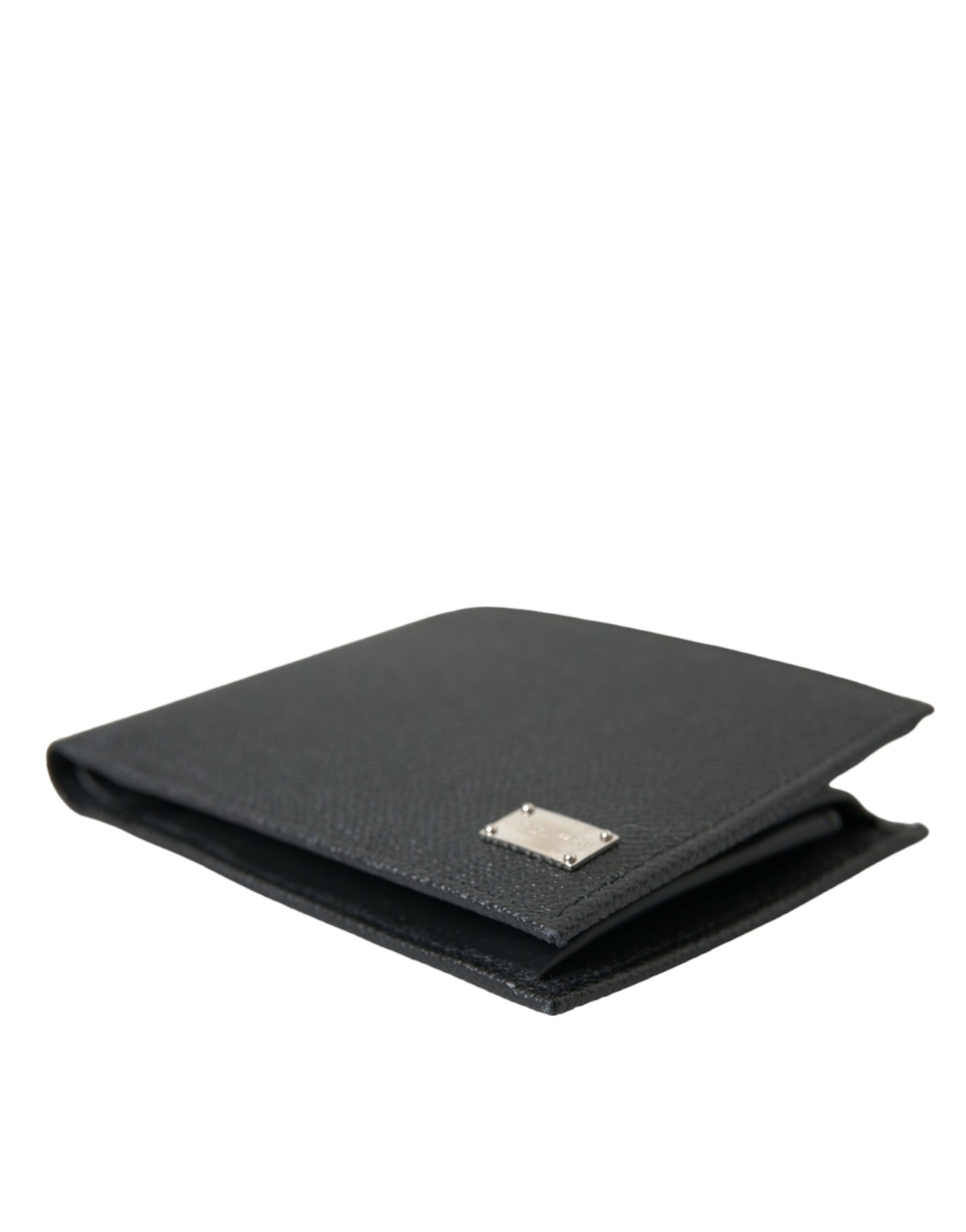 Black Calfskin Leather Bifold Card Holder Logo Wallet