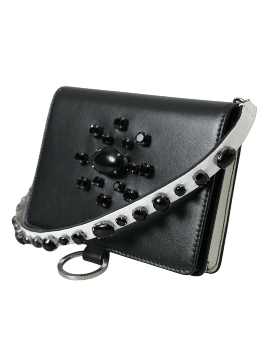 Black White Leather Crystal Embellished Cardholder Wallet