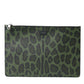 Green Logo Patch Leopard Leather Clutch Bag