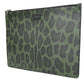 Green Logo Patch Leopard Leather Clutch Bag