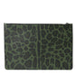 Green Logo Patch Leopard Leather Clutch Bag