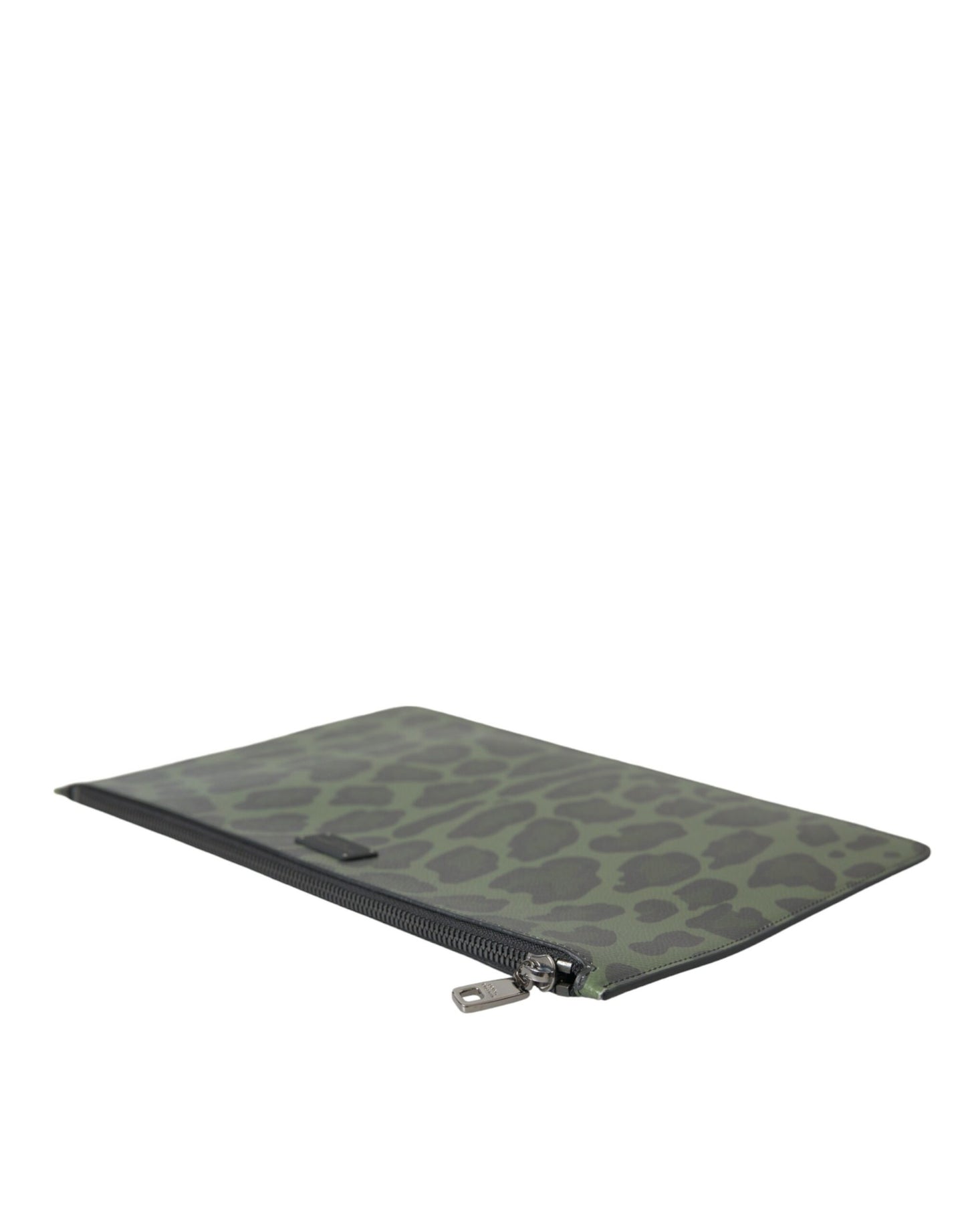 Green Logo Patch Leopard Leather Clutch Bag