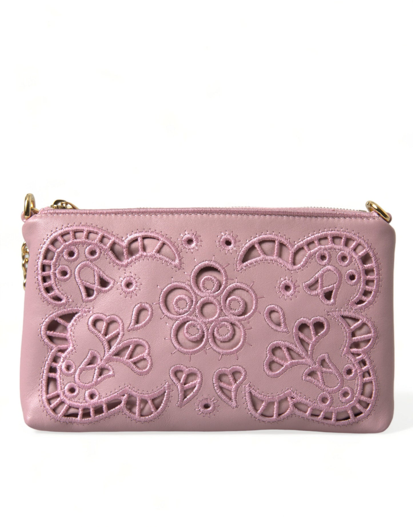 Pink Floral Embroidered Leather Chain Clutch Bag